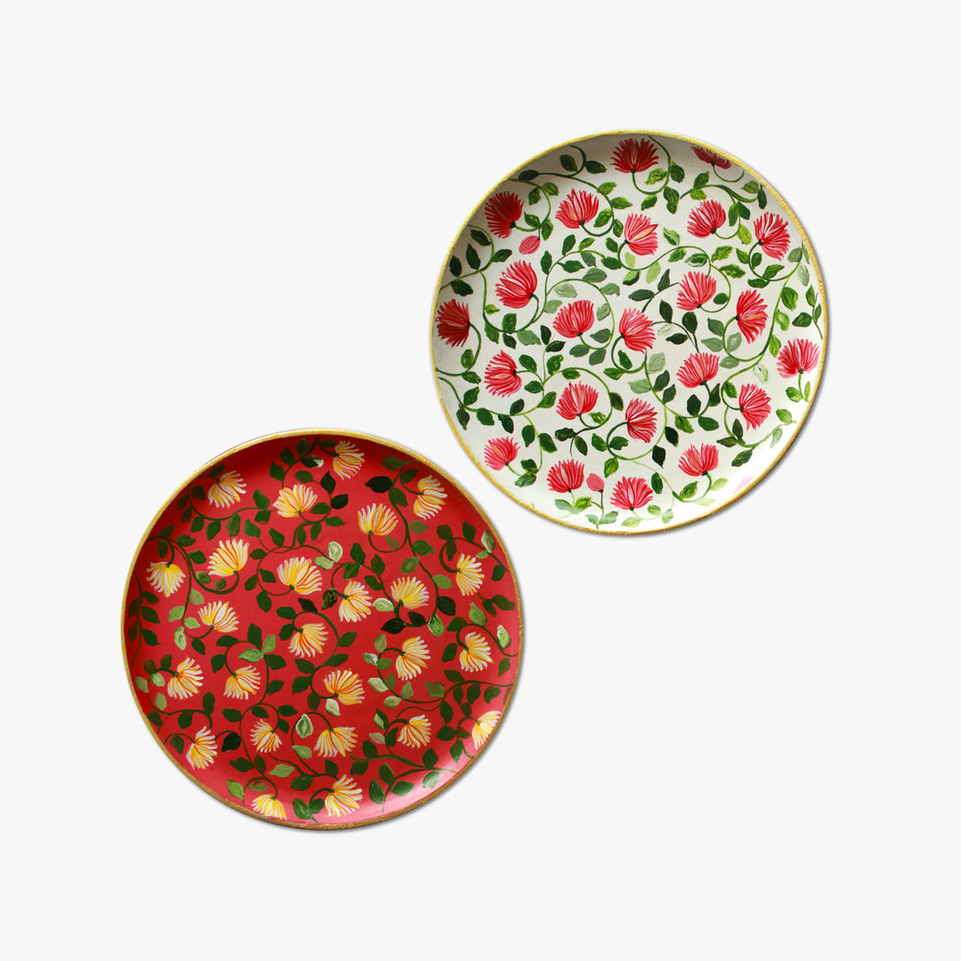 Handpainted Wooden Wall Plate With Floral Artwork - Set Of 2