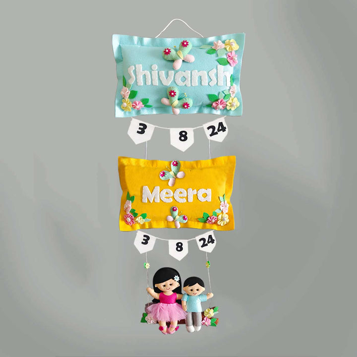 Hand-stitched Pillow & Swing Theme Felt Kids Name Plate for Siblings
