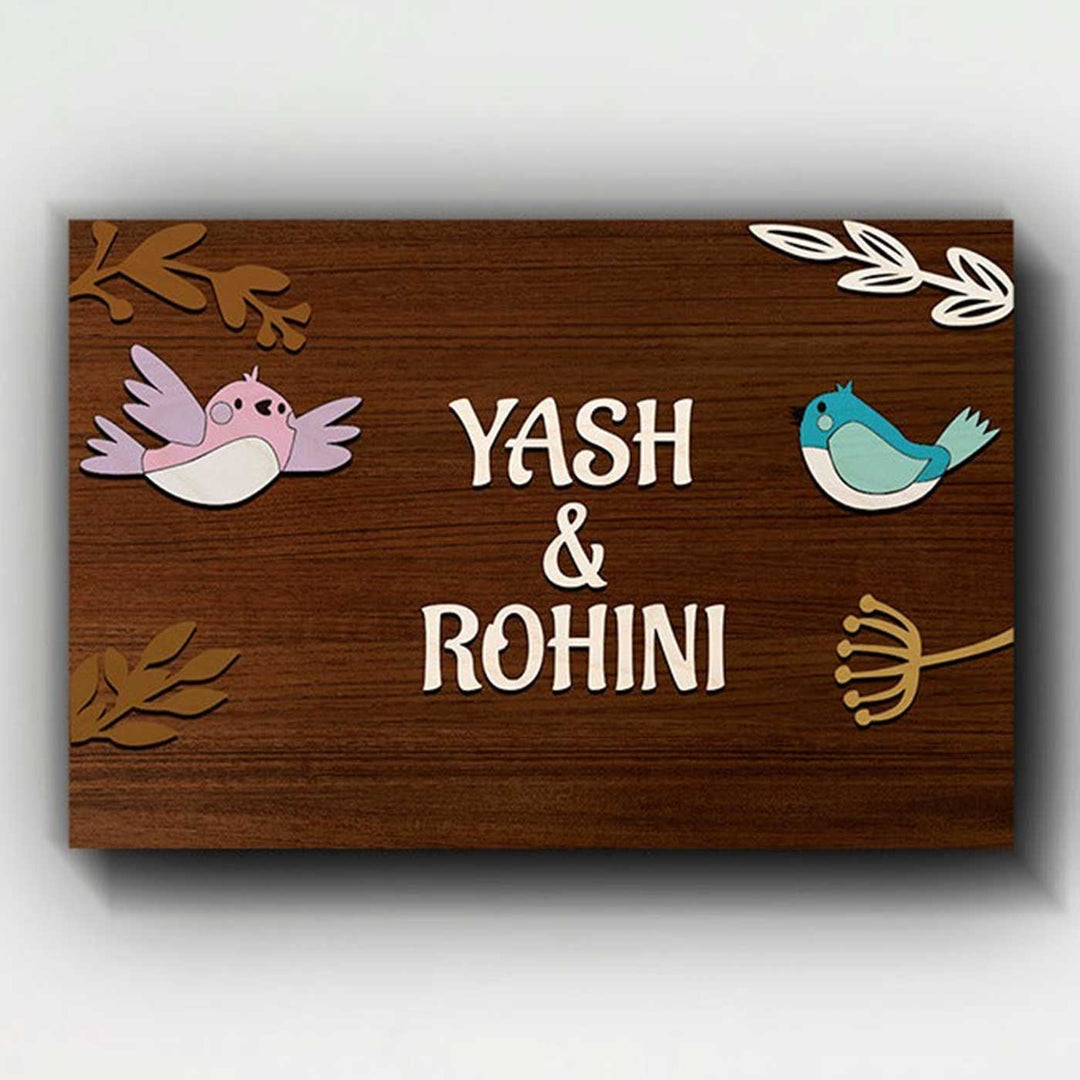 Personalized Printed Wooden 3D Birds Nameplate For Couples - Front View with Name Personalization