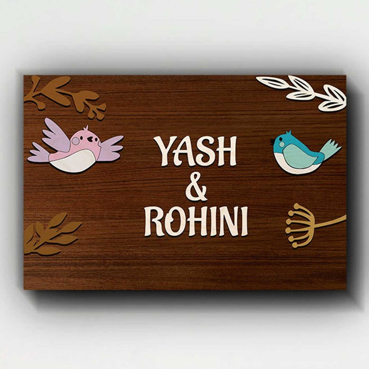 Personalized Printed Wooden 3D Birds Nameplate For Couples - Front View with Name Personalization