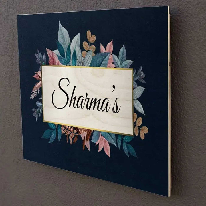 Printed Blue Spring Floral Wooden Rectangle Nameplate For Family