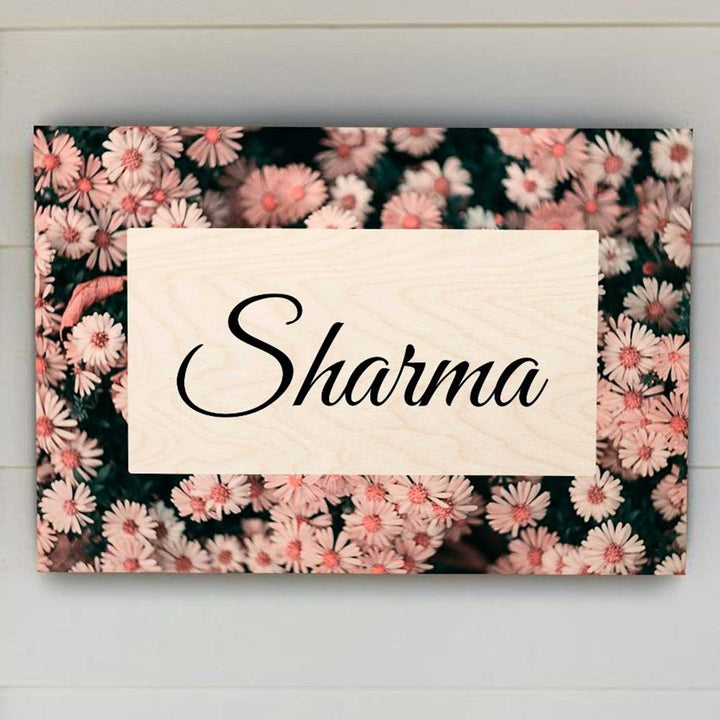 Printed Pink Spring Floral Wooden Rectangle Nameplate For Family - Front View with Name Personalization
