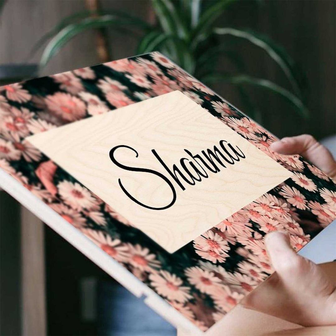 Printed Pink Spring Floral Wooden Rectangle Nameplate For Family - Name Personalization Example Held in Hands