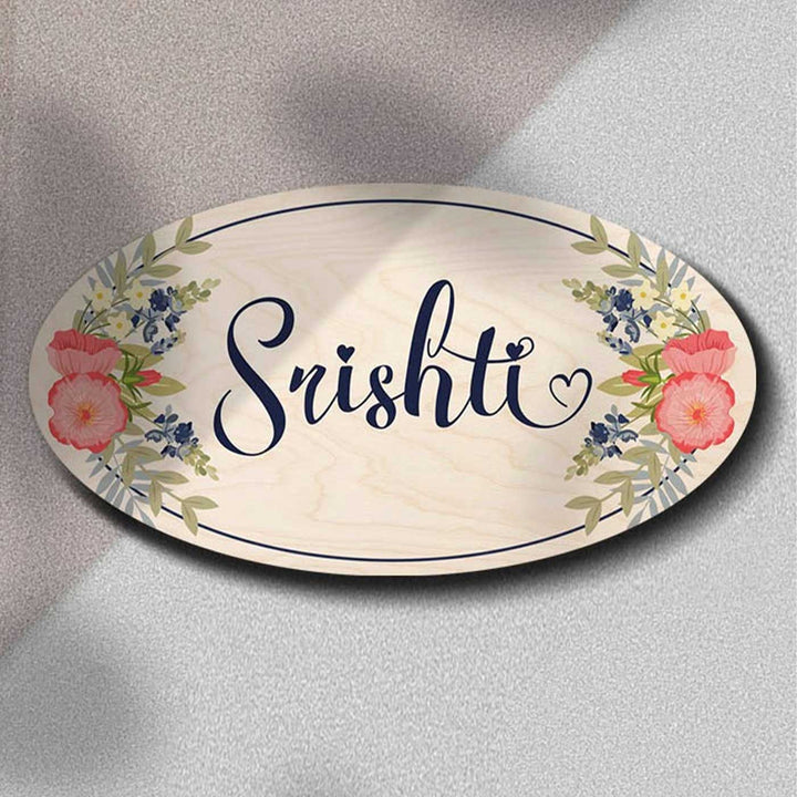 Printed White Floral Wooden Oval Nameplate For Family