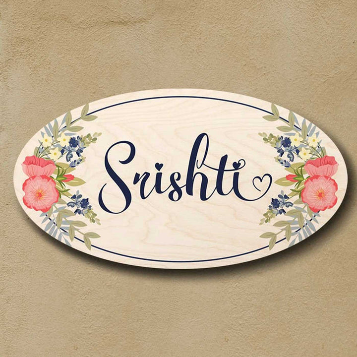 Printed White Floral Wooden Oval Nameplate For Family