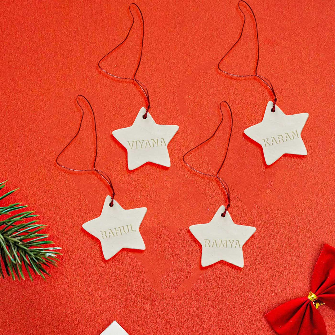 Set of 4 | Personalized Star Embossed Clay Ornament For Christmas Tree Decoration