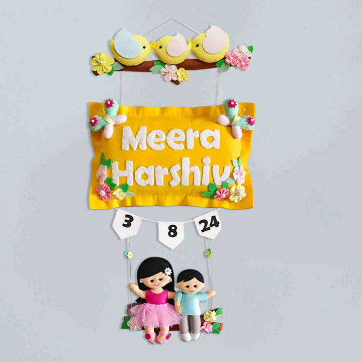 Hand Stitched Pillow Bird Themed Felt Kids Nameplate With Swing For Siblings - Hanging Wall Decoration Personalized Name