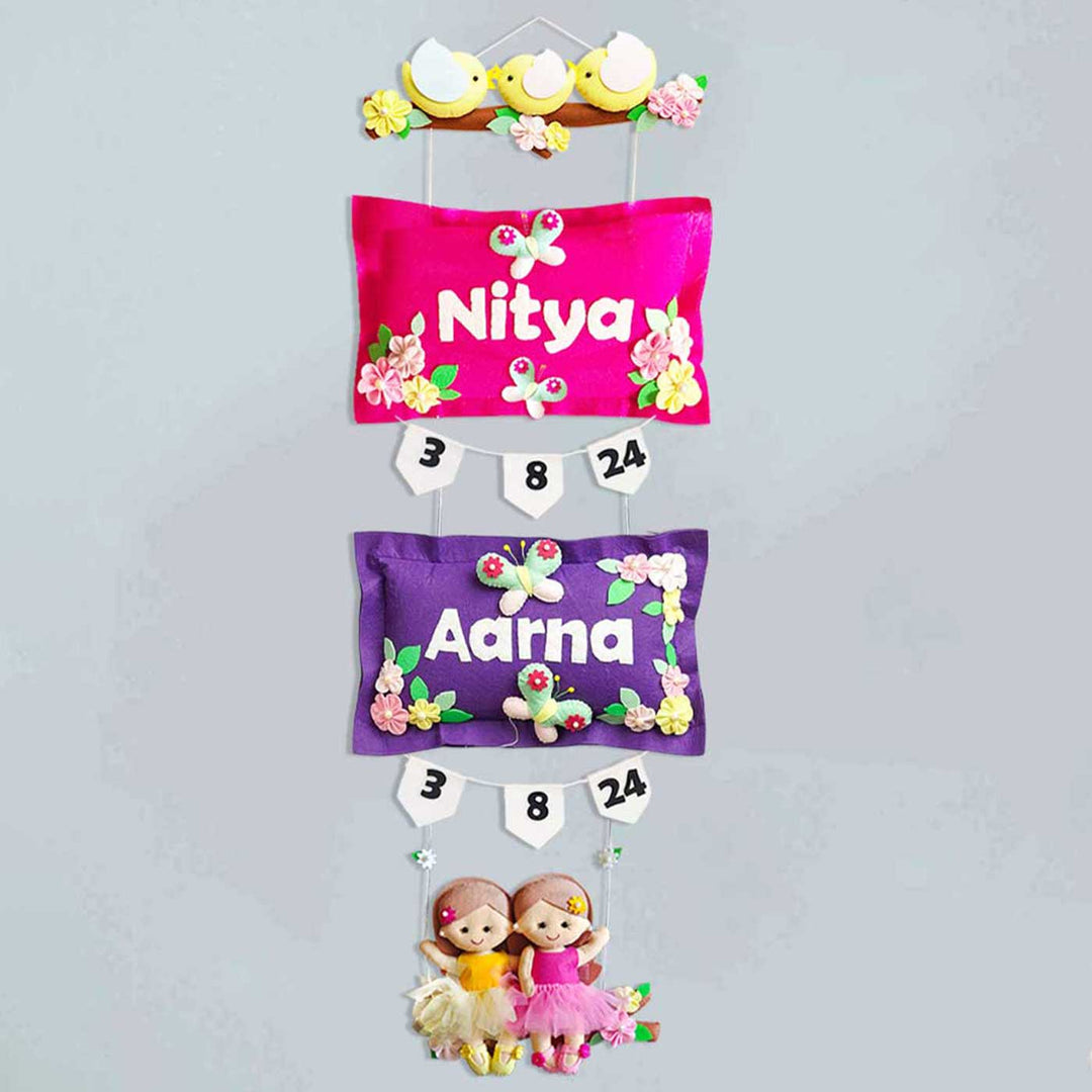 Hand Stitched Pillow Bird Themed Felt Kids Nameplate With Swing For Siblings 1 - Hanging Name Personalization Display
