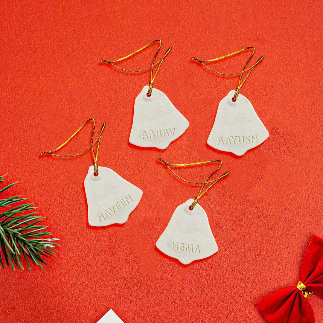 Set of 4 | Personalized Bell Embossed Clay Ornament For Christmas Tree Decoration