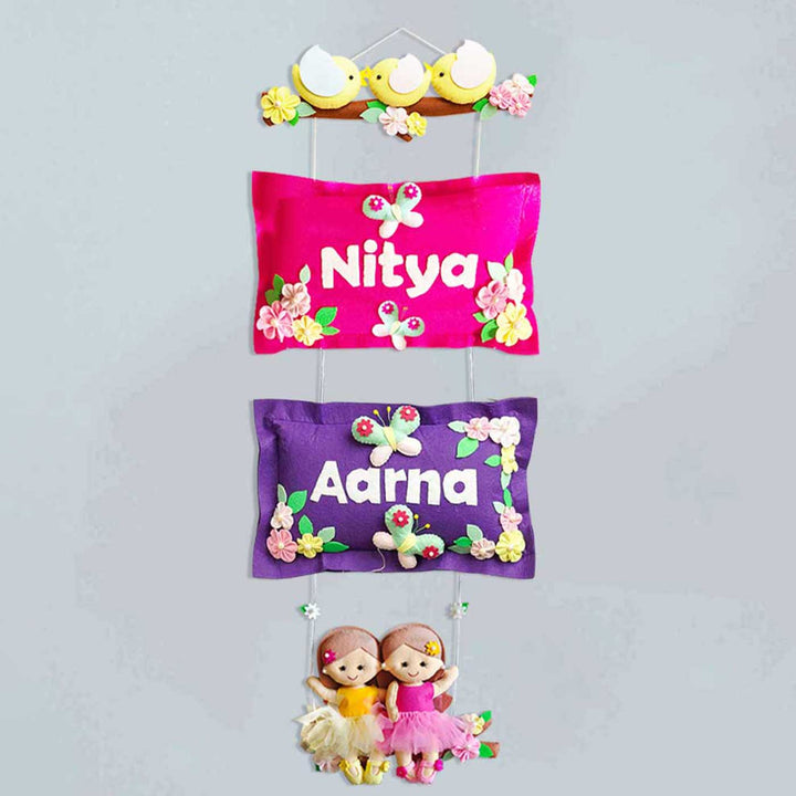Hand Stitched Pillow Bird Themed Felt Kids Nameplate With Swing For Siblings 1 - Hanging Name Personalization Example