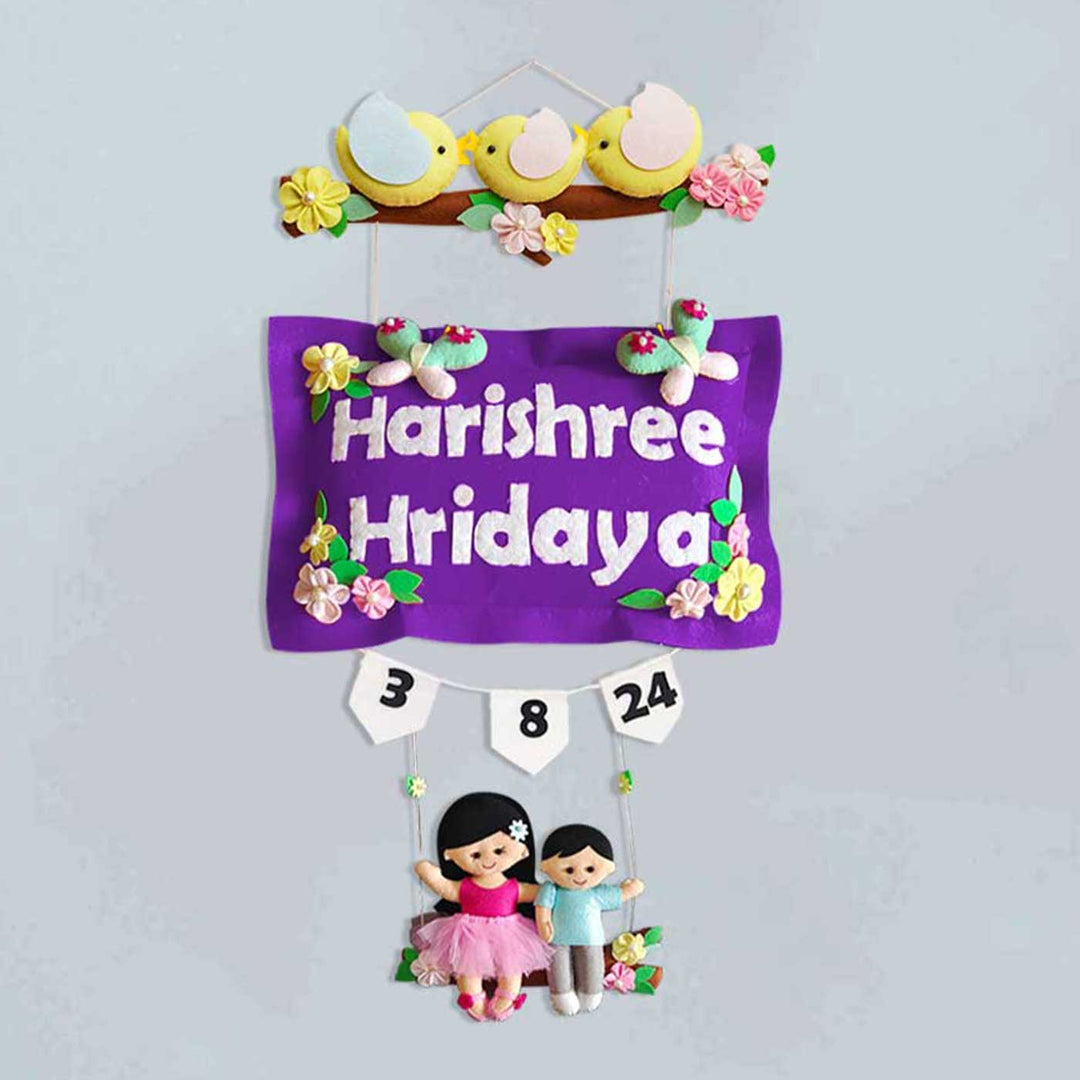 Hand Stitched Pillow Bird Themed Felt Kids Nameplate With Swing For Siblings 1 - Front View with Name Personalization