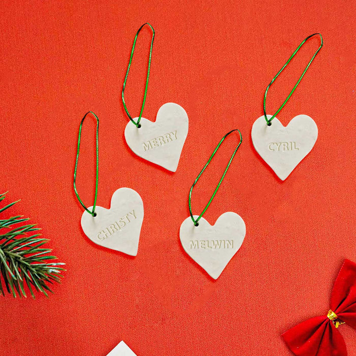 Set of 4 | Personalized Heart Embossed Clay Ornament For Christmas Tree Decoration