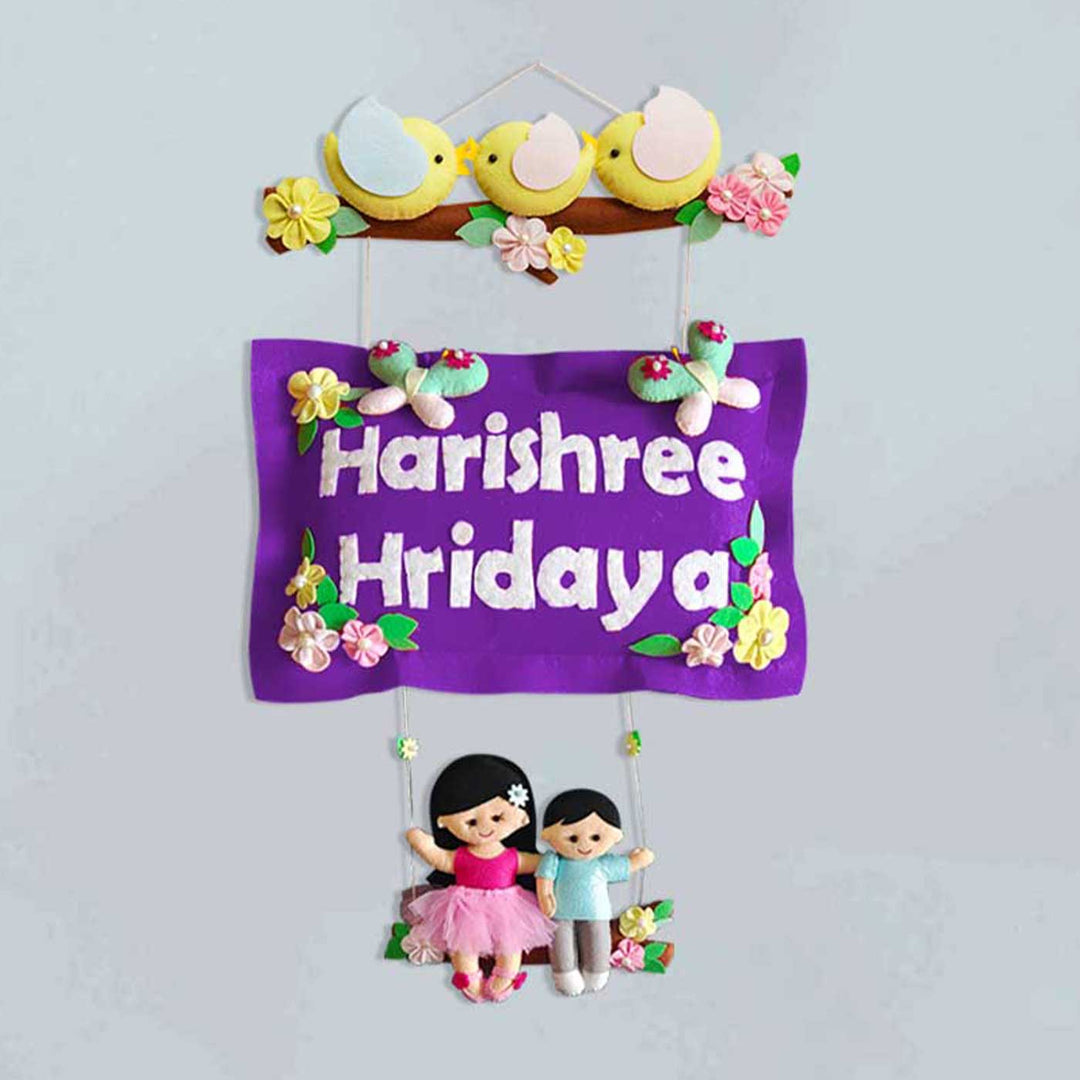 Hand Stitched Pillow Bird Themed Felt Kids Nameplate With Swing For Siblings 1 - Front View Hanging Wall Decor