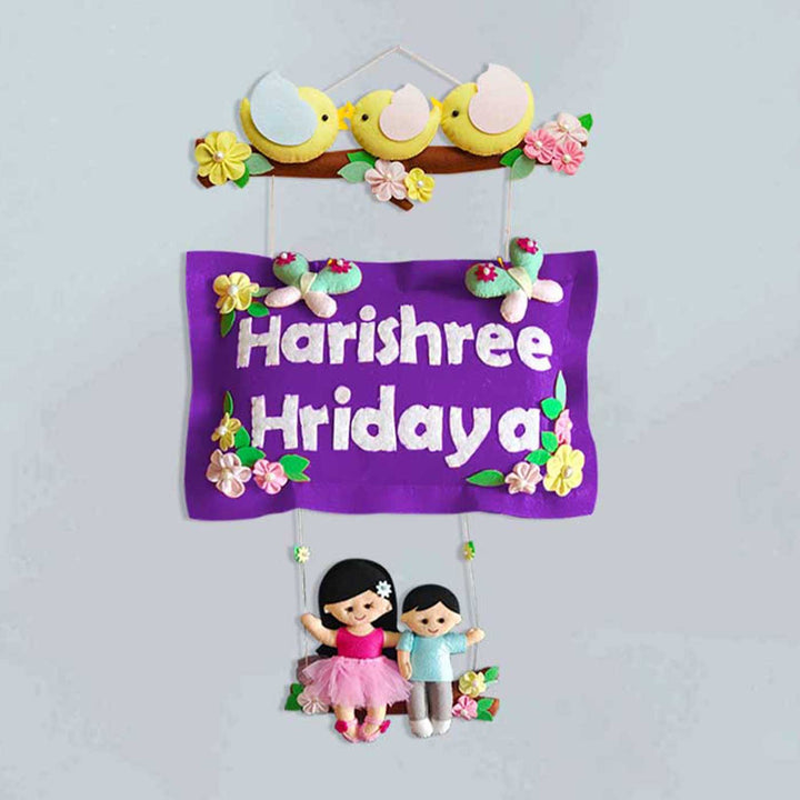 Hand Stitched Pillow Bird Themed Felt Kids Nameplate With Swing For Siblings 1 - Front View Hanging Wall Decor