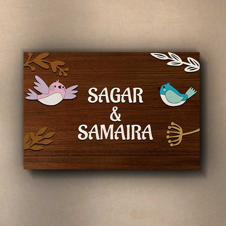 Personalized Printed Wooden 3D Birds Nameplate For Couples - Name Personalization Example Front View