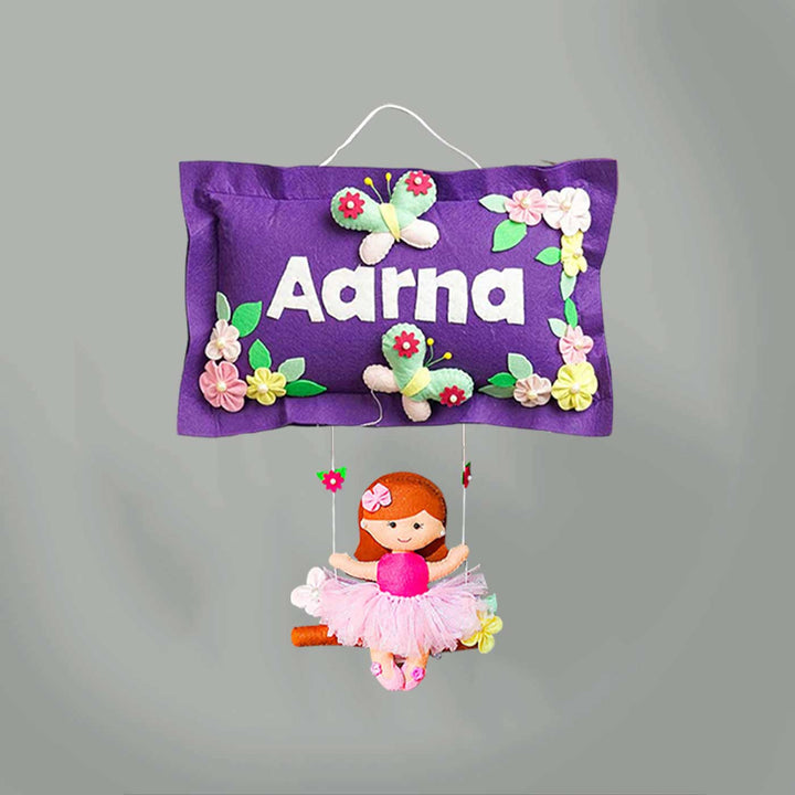 Hand Stitched Pillow Swing Theme Felt Kids Name Plate Purple - Front View Hanging on String