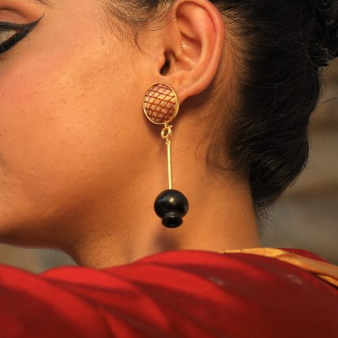 Minimal Handmade Beige Zari Inverted Pot Design Brass Earrings | 22K Gold Plated
