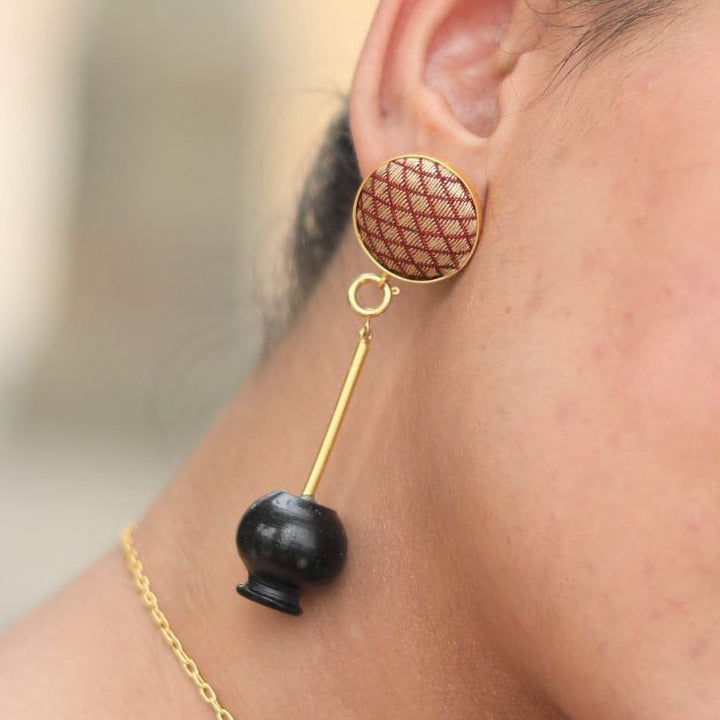 Minimal Handmade Beige Zari Inverted Pot Design Brass Earrings | 22K Gold Plated