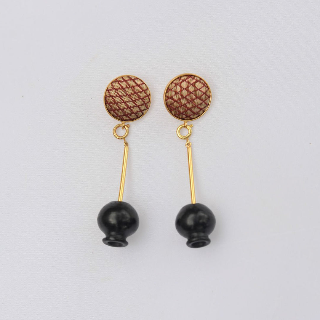 Minimal Handmade Beige Zari Inverted Pot Design Brass Earrings | 22K Gold Plated