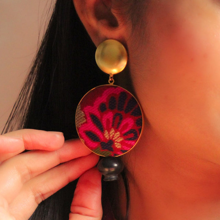 Statement Handmade Pink Floral Zari Design Brass Earrings | 22K Gold Plated