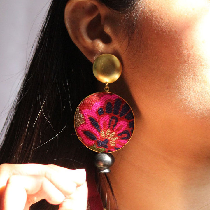 Statement Handmade Pink Floral Zari Design Brass Earrings | 22K Gold Plated