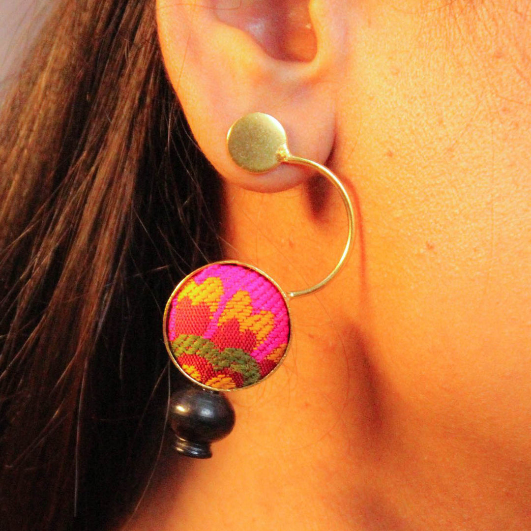 Handmade Rustic Pink Zari Hoops Design Brass Earrings | 22K Gold Plated