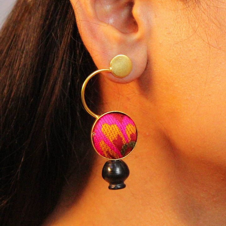 Handmade Rustic Pink Zari Hoops Design Brass Earrings | 22K Gold Plated