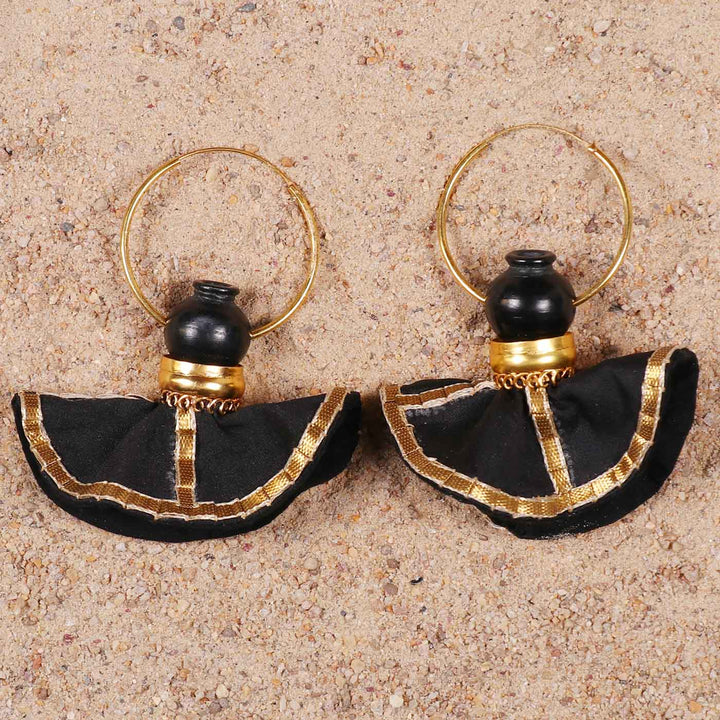 Statement Handmade Pot With Black Swang Hoop Brass Earrings | 22K Gold Plated