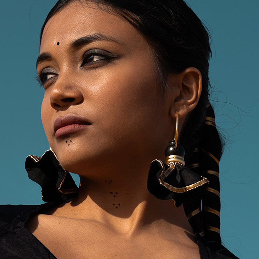 Statement Handmade Pot With Black Swang Hoop Brass Earrings | 22K Gold Plated