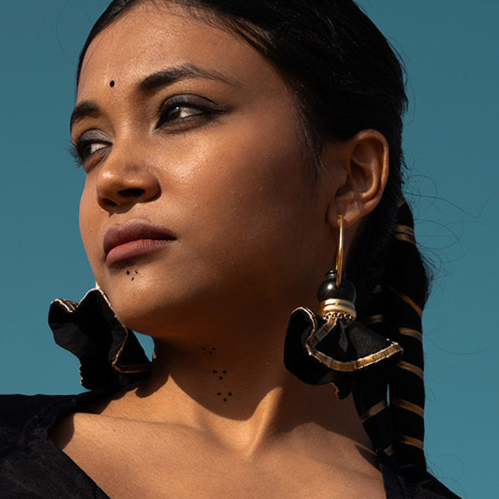 Statement Handmade Pot With Black Swang Hoop Brass Earrings | 22K Gold Plated