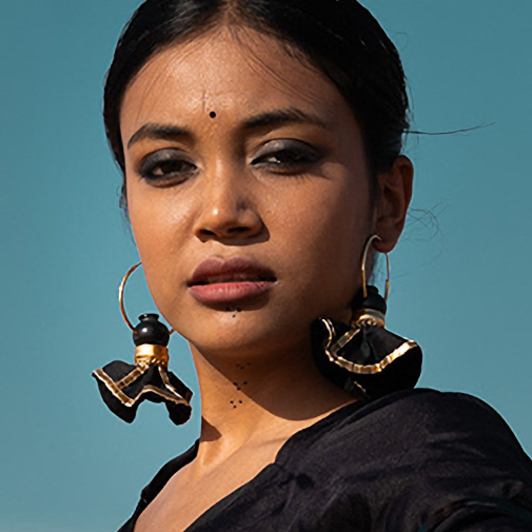 Statement Handmade Pot With Black Swang Hoop Brass Earrings | 22K Gold Plated