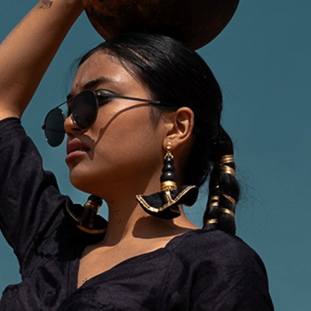 Statement Handmade Pot With Black Swang Design Brass Earrings | 22K Gold Plated