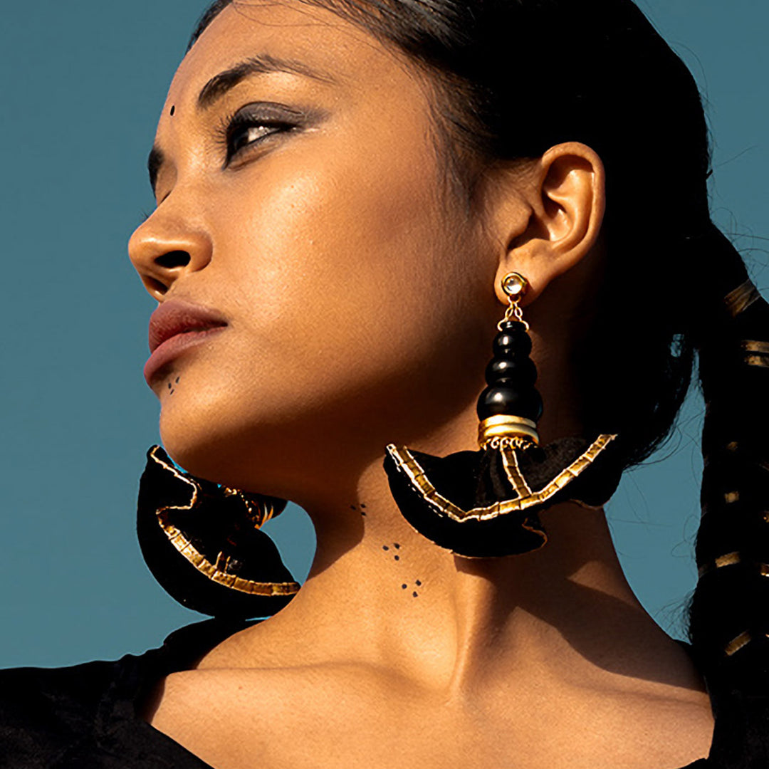Statement Handmade Pot With Black Swang Design Brass Earrings | 22K Gold Plated