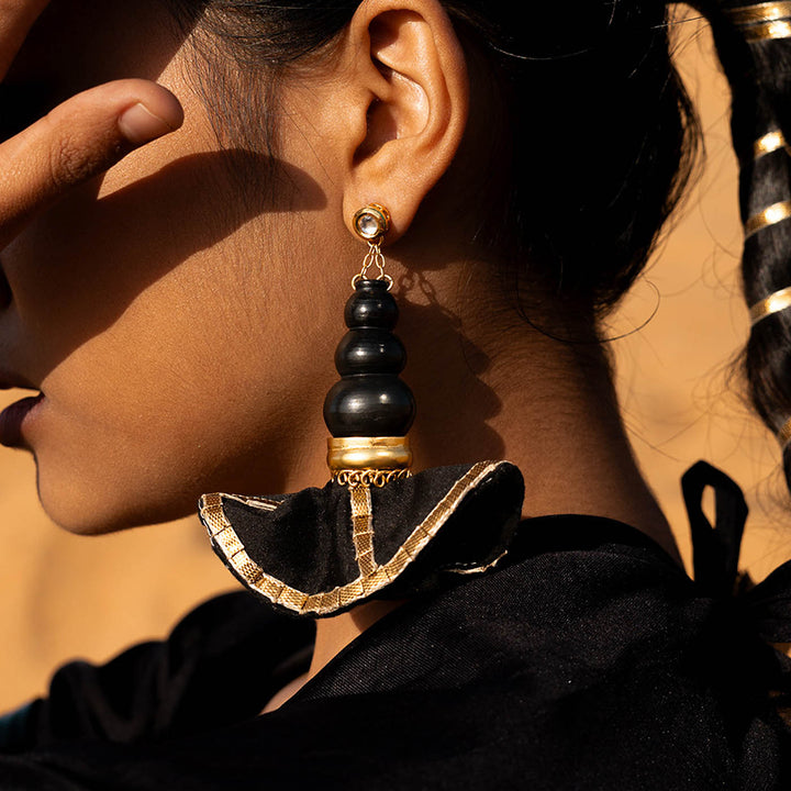 Statement Handmade Pot With Black Swang Design Brass Earrings | 22K Gold Plated