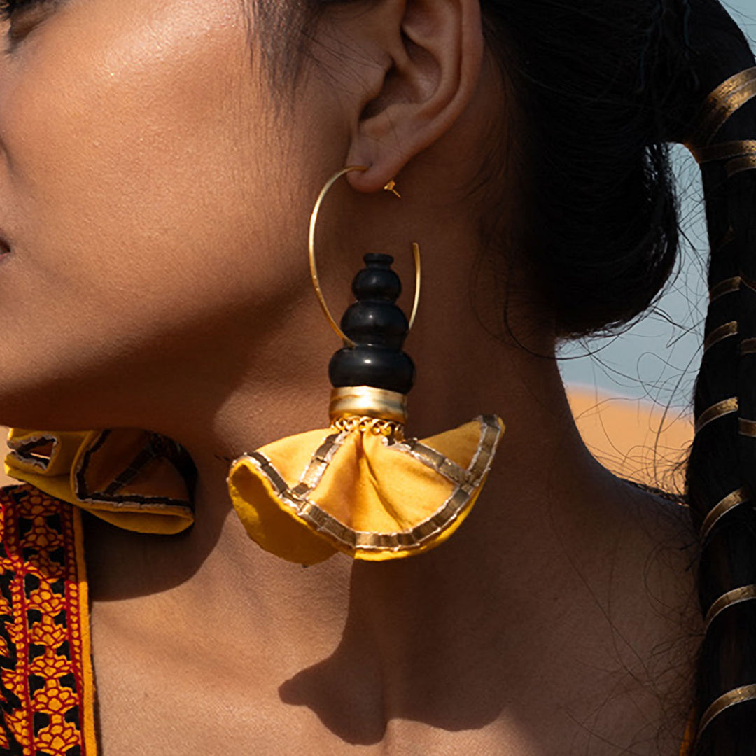 Statement Handmade Pot With Yellow Swang Hoop Design Brass Earrings | 22K Gold Plated