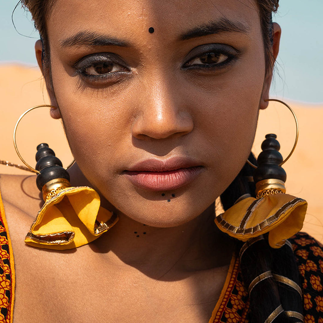 Statement Handmade Pot With Yellow Swang Hoop Design Brass Earrings | 22K Gold Plated