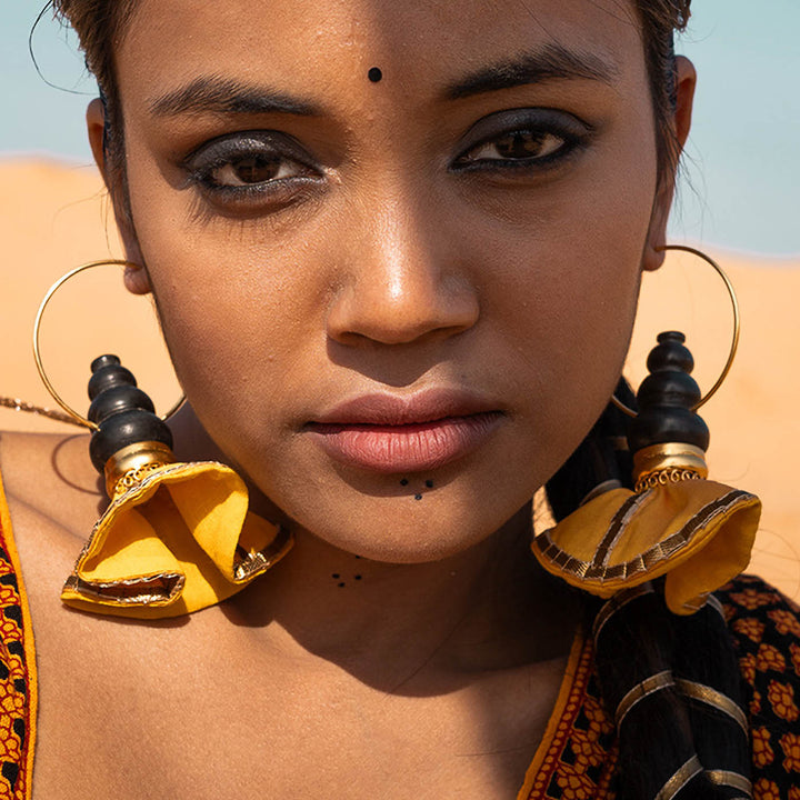 Statement Handmade Pot With Yellow Swang Hoop Design Brass Earrings | 22K Gold Plated
