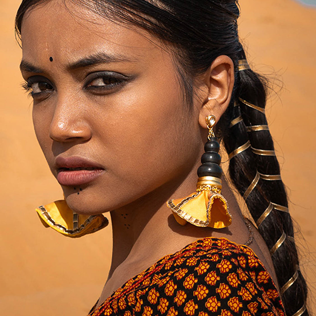 Statement Handmade Pot With Yellow Swang Brass Earrings | 22K Gold Plated