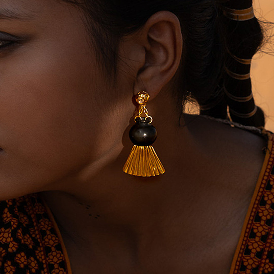 Contemporary Handmade Pot With Drapping Design Brass Earrings | 22K Gold Plated