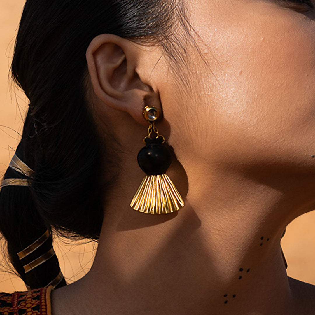 Contemporary Handmade Pot With Drapping Design Brass Earrings | 22K Gold Plated