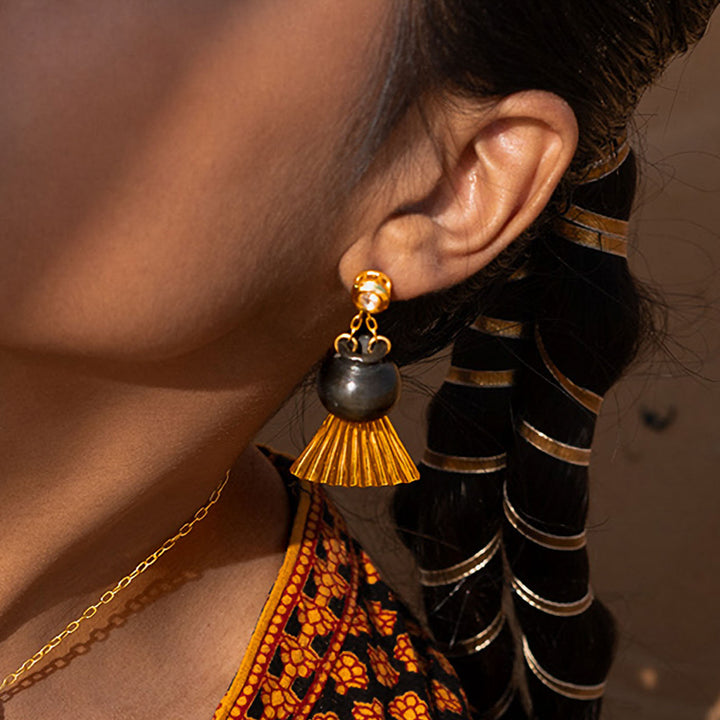Contemporary Handmade Pot With Drapping Design Brass Earrings | 22K Gold Plated