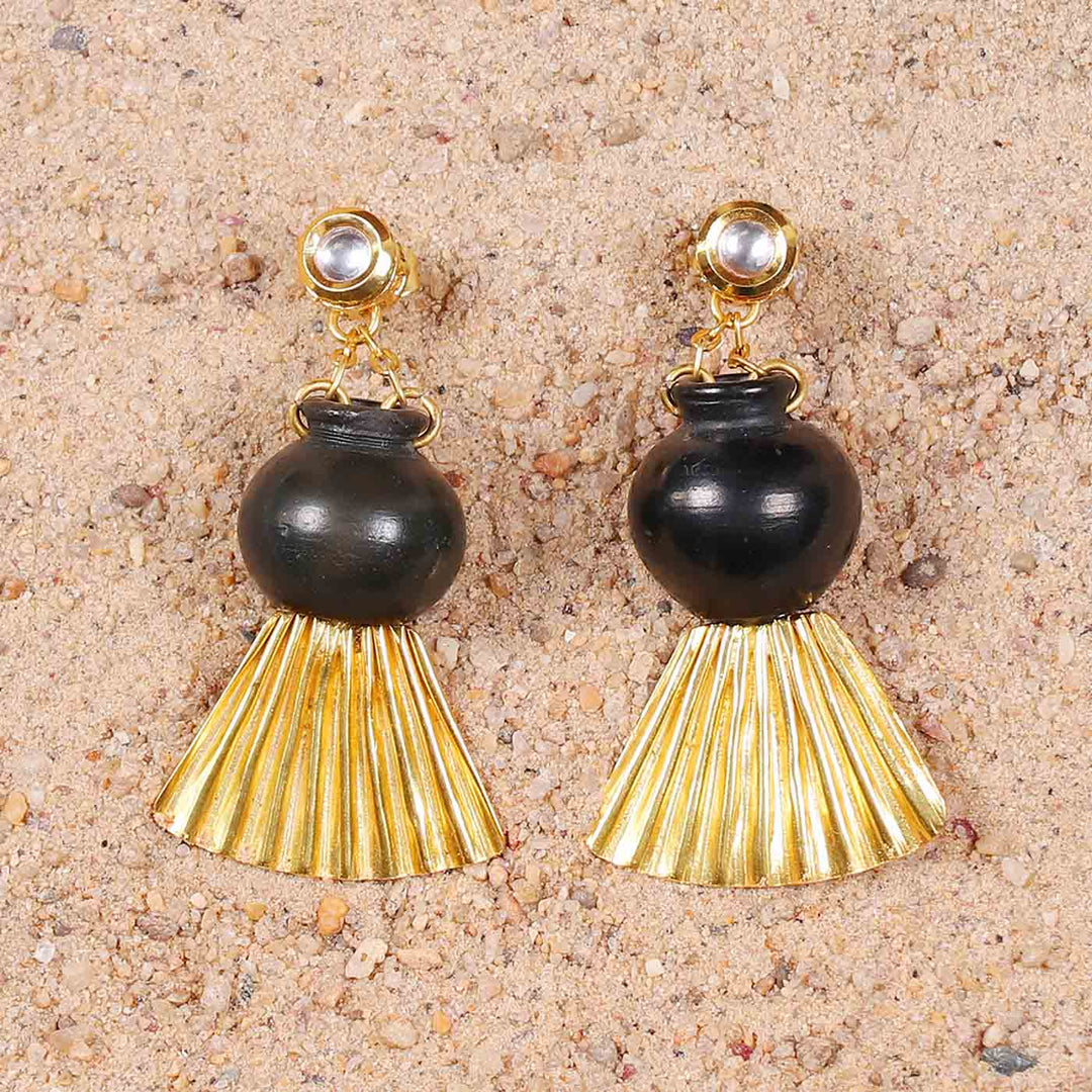 Contemporary Handmade Pot With Drapping Design Brass Earrings | 22K Gold Plated
