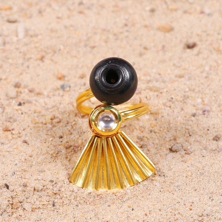 Contemporary Handmade Traditional Kali With Kundan Design Brass Ring | 22K Gold Plated