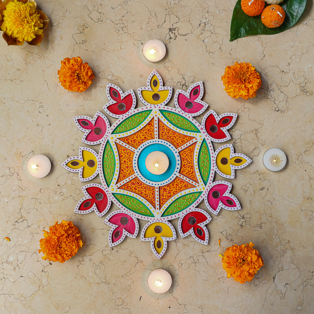 Hand-Painted Mirror Work Multicolor Diya Rangoli