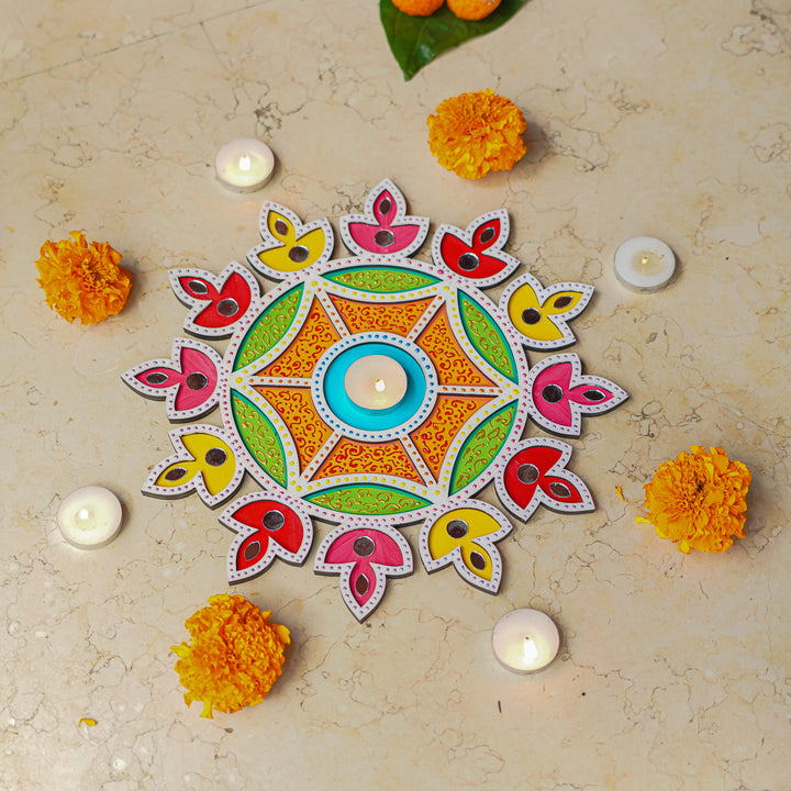 Hand-Painted Mirror Work Multicolor Diya Rangoli