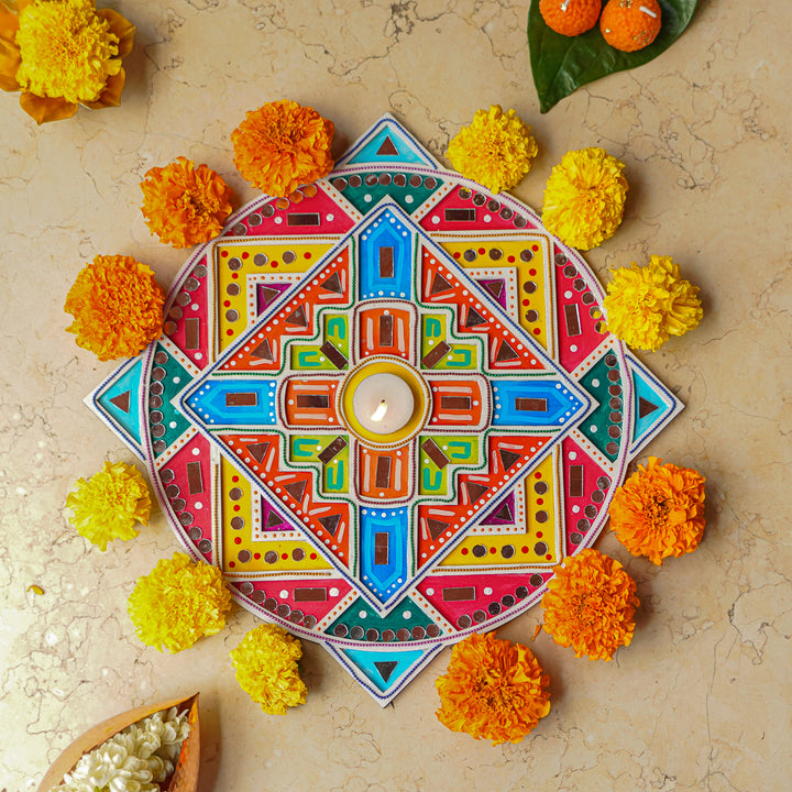 Hand-Painted Mirror Work Multicolor Layered Rangoli