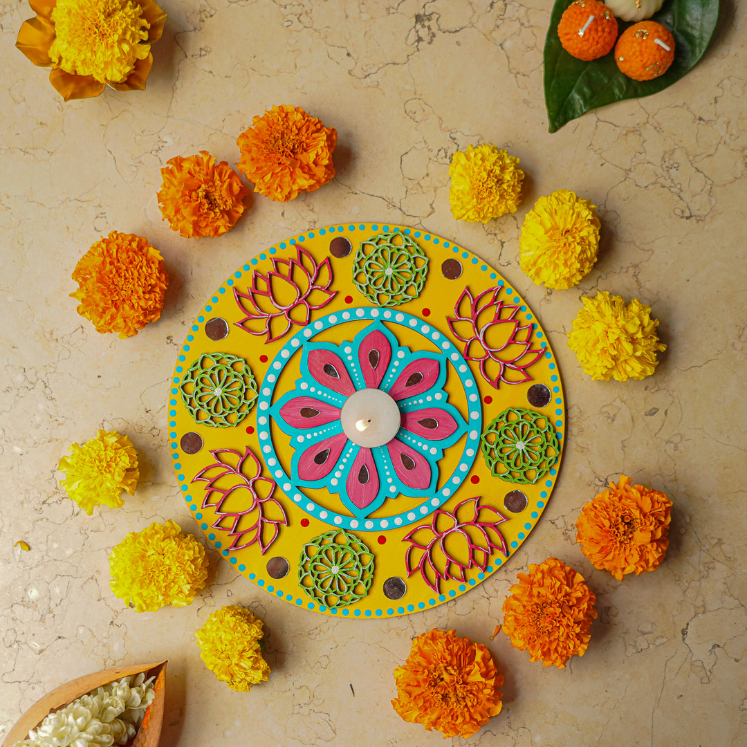 Hand-Painted Mirror Work Lotus Bloom Rangoli