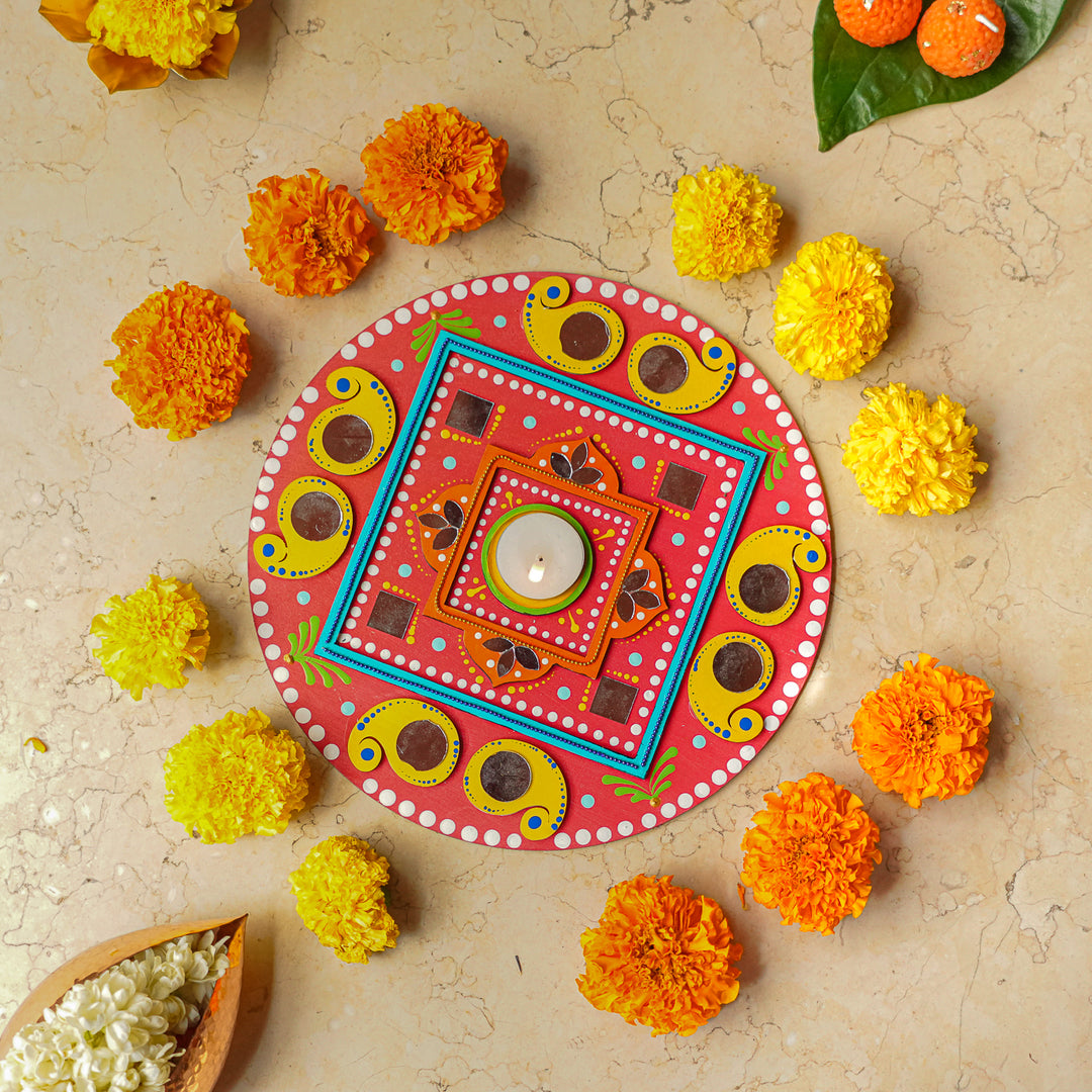 Hand-Painted Mirror Work Decorative Red & Yellow Rangoli