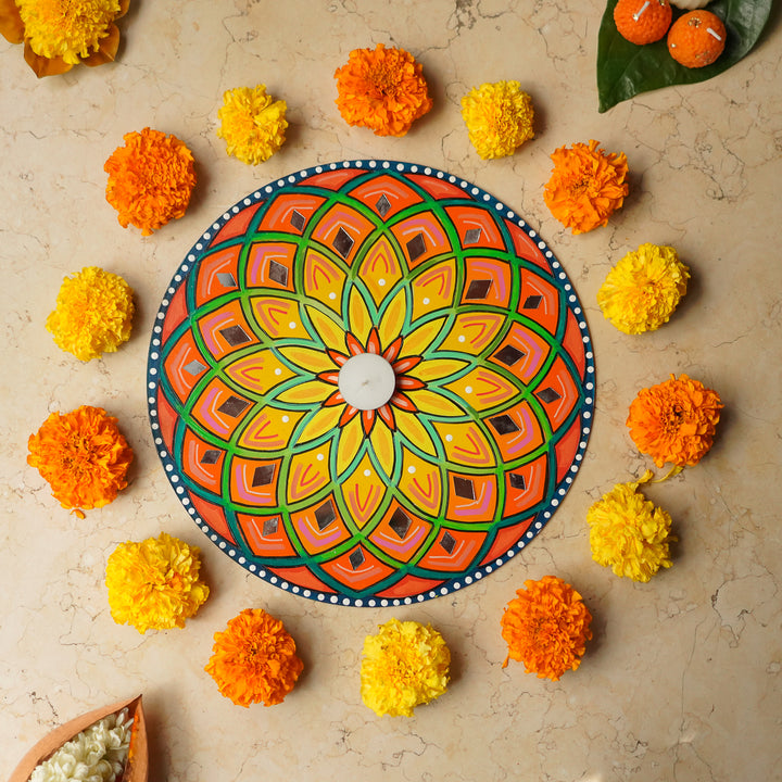 Hand-Painted Mirror Work Round Spiral Rangoli