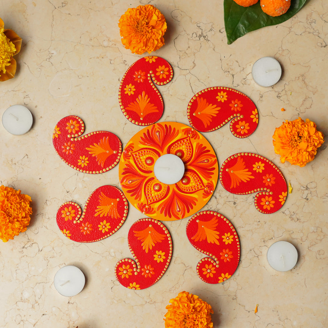Hand-Painted Dot Mandala Floral MDF Wood Rangoli | Set Of 8